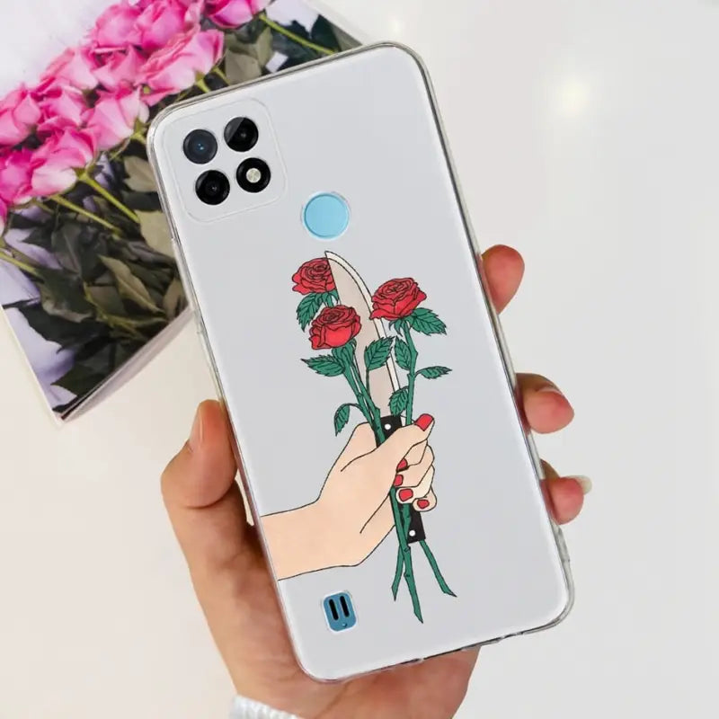 a hand holding a phone case with a rose on it