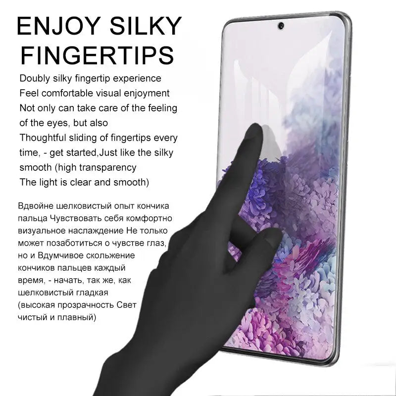 a hand holding a phone with a purple and white design