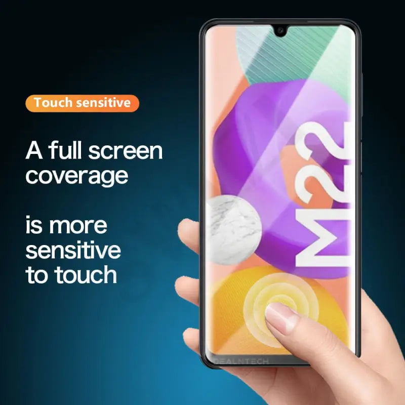 a hand holding a samsung smartphone with the text’a full screen coverage is more sensitive to touch ’