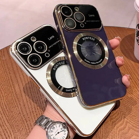 a person holding an iphone with a watch on it