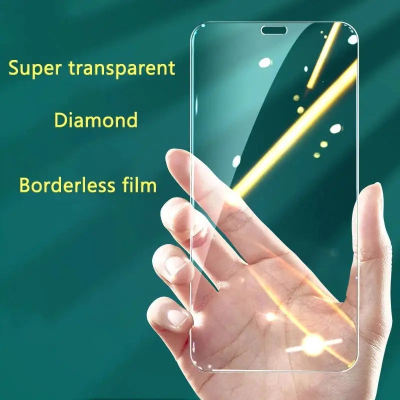 a hand holding a phone with the text super transparent diamond border film