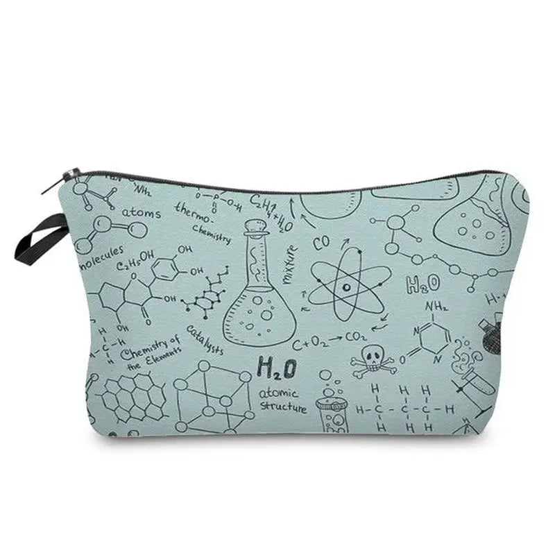 a blue pencil case with a pattern of chemical symbols