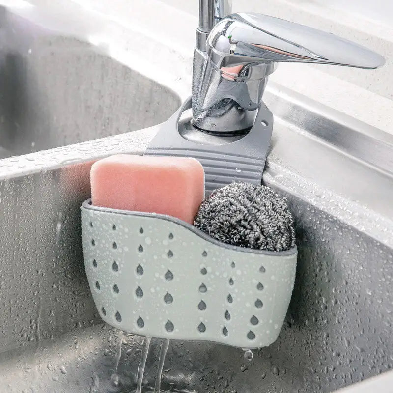 a sink with a soap holder in it