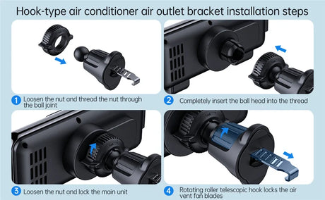 Hook-type air conditioner air outlet bracket with installation steps shown in four stages.