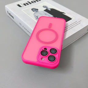Hot pink phone case with MagSafe ring.