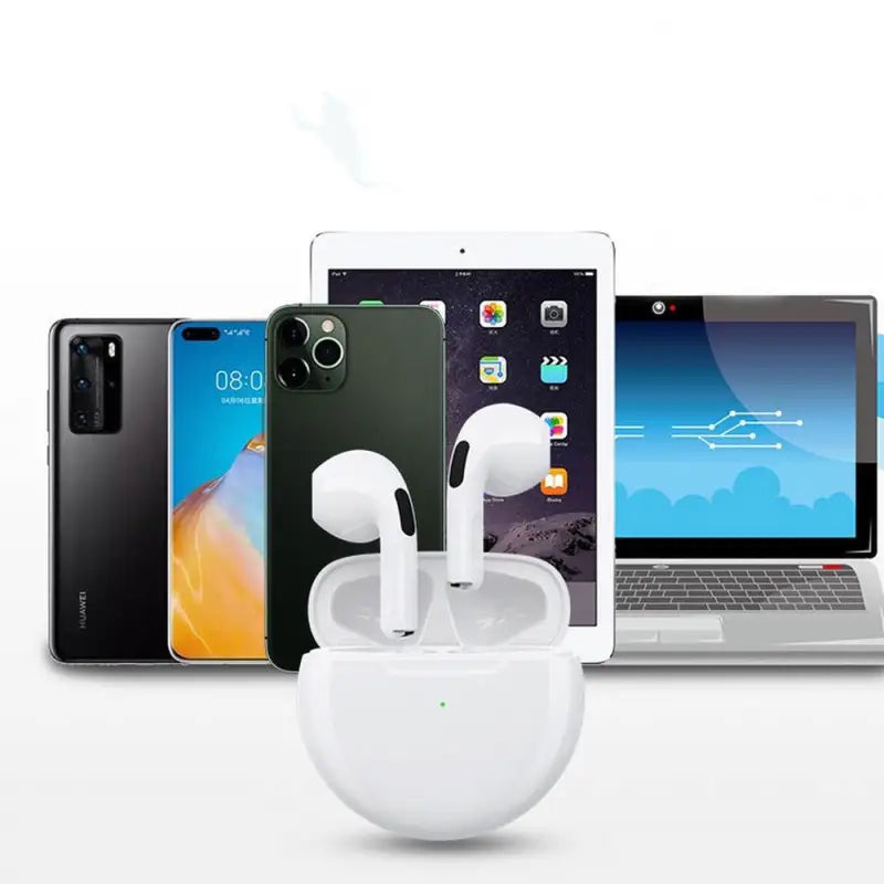 a white apple airpods with a laptop and a laptop