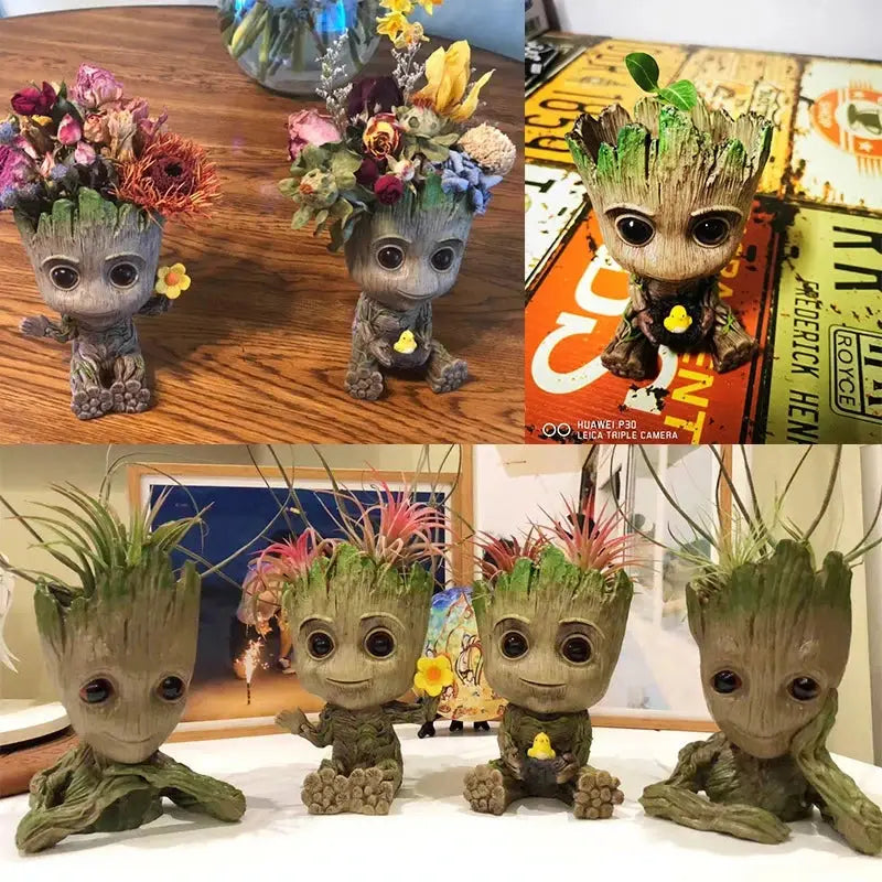 there are four different pictures of a grooter planter with flowers in it