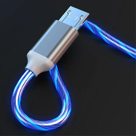 Illuminated USB charging cable with glowing blue light effects along its length.