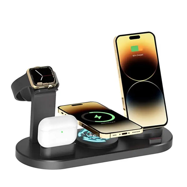 the wireless charging station with an apple watch and an apple watch