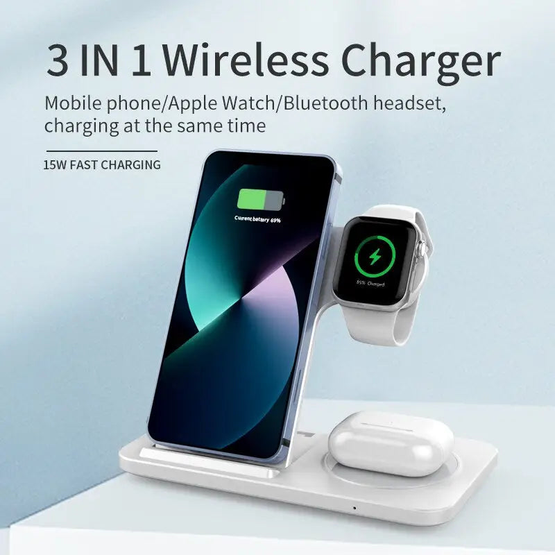 there is a white phone and a white apple watch charging station