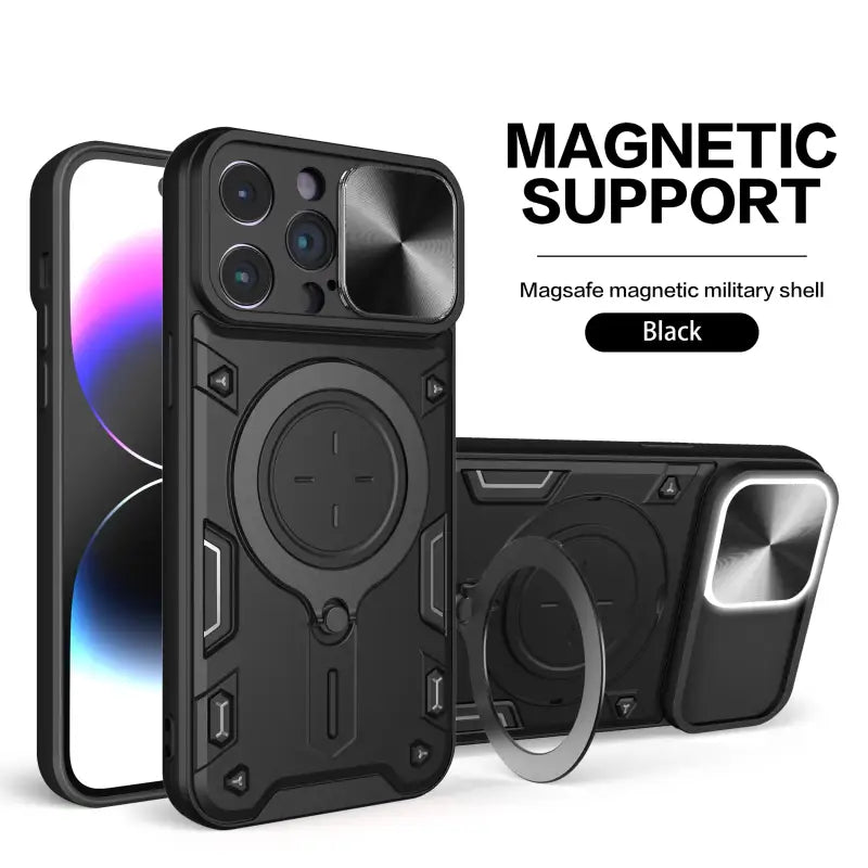 an image of a black phone case with a ring holder and magnetic support