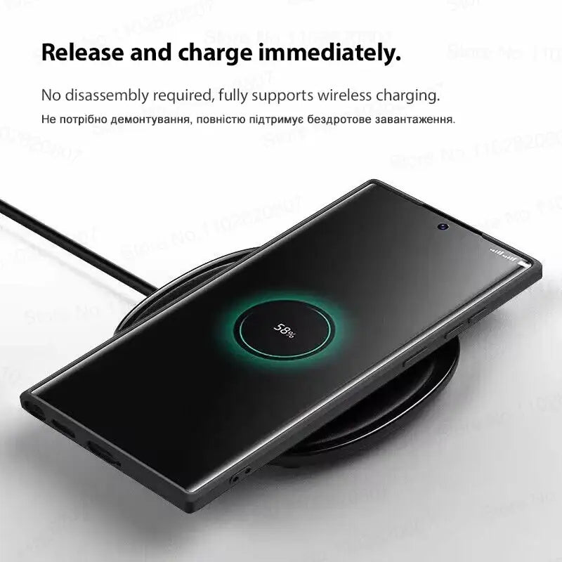 an image of a black phone with a wireless charging pad attached