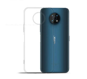 an image of a blue and white phone with a clear back cover