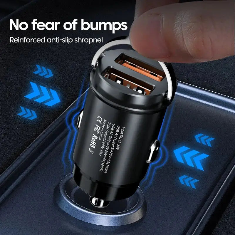 An image of a car charger with a hand holding the charger