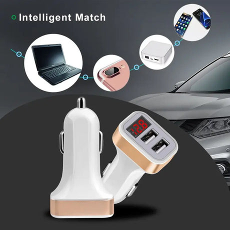 an image of a car charger with various devices surrounding it