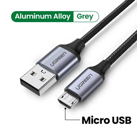 An image of a close up of a usb cable with the words, aluminum alloy grey