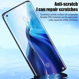 Sleek smartphone with a curved blue and white display showcasing anti-scratch technology.