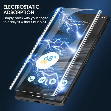 a smartphone with lightning on the screen