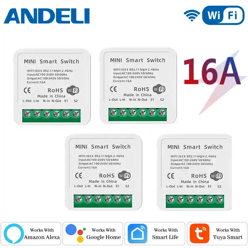 An image of a set of four smart switches with different logos