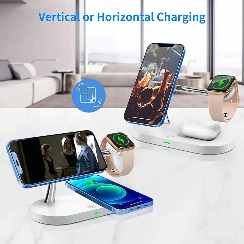 An image of a charging station with two phones