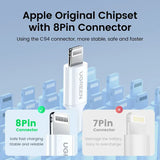 an image of a white apple iphone charger with 8 pin connector