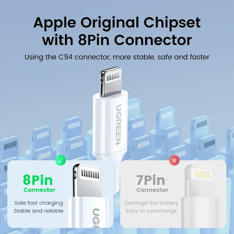 An image of a white apple iphone charger with 8 pin connector