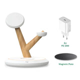 the wireless charging device with a wooden handle and a white base