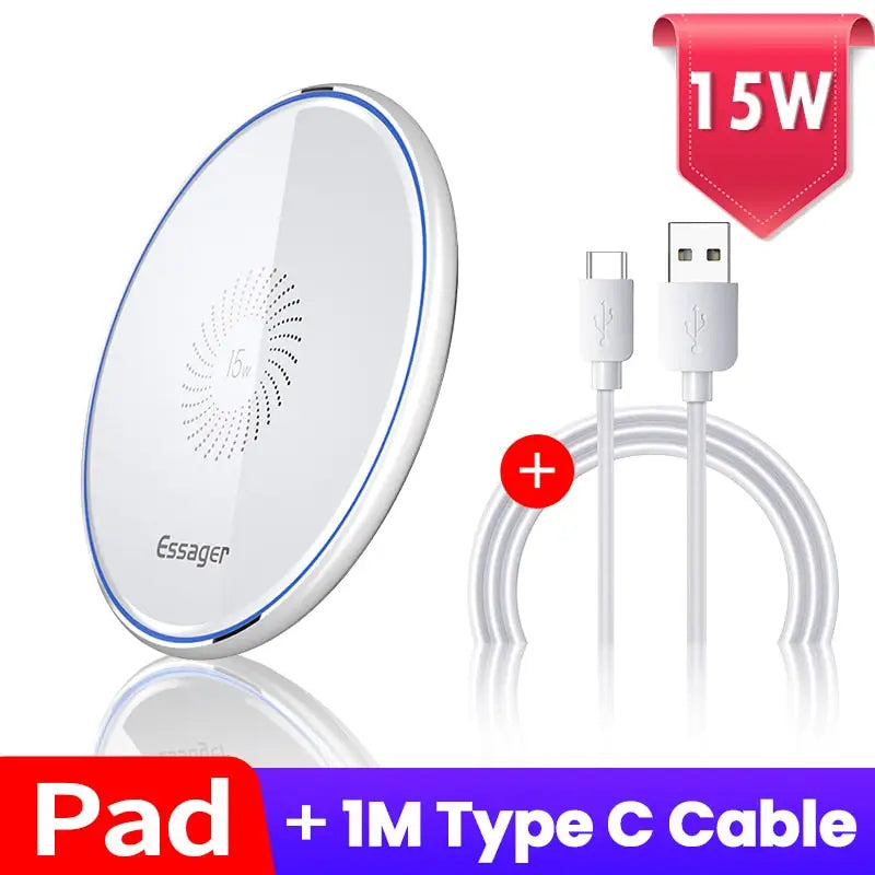 an image of a white and blue wireless charger and a usb cable