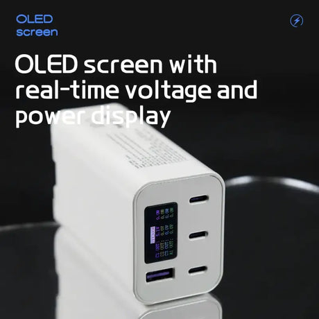 An image of a white power strip with the words ced screen with a white power strip