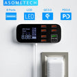 an image of a white wall charger with a blue and white power strip