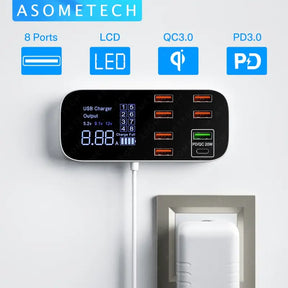 an image of a white wall charger with a blue and white power strip