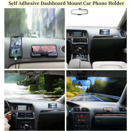 a car dashboard with a phone in the middle