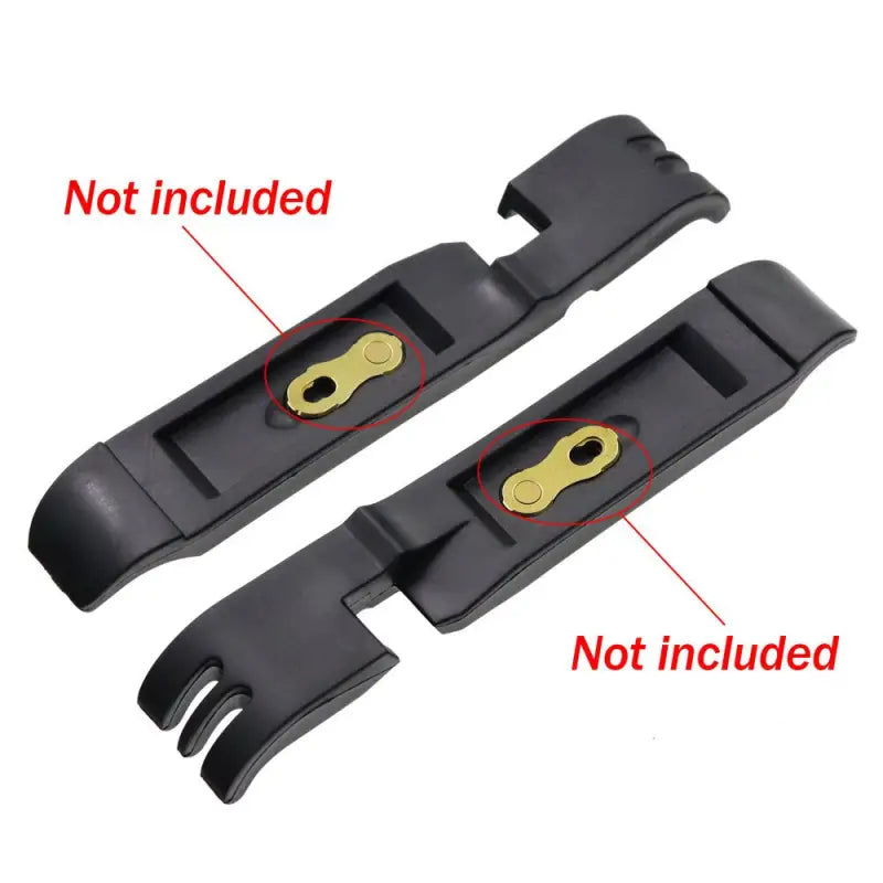two black plastic buckles with gold metal hardware and a red line