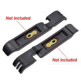 two black plastic buckles with gold metal hardware and a red line