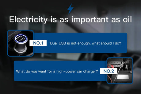 Infographic comparing electricity to oil importance, with questions about car chargers.