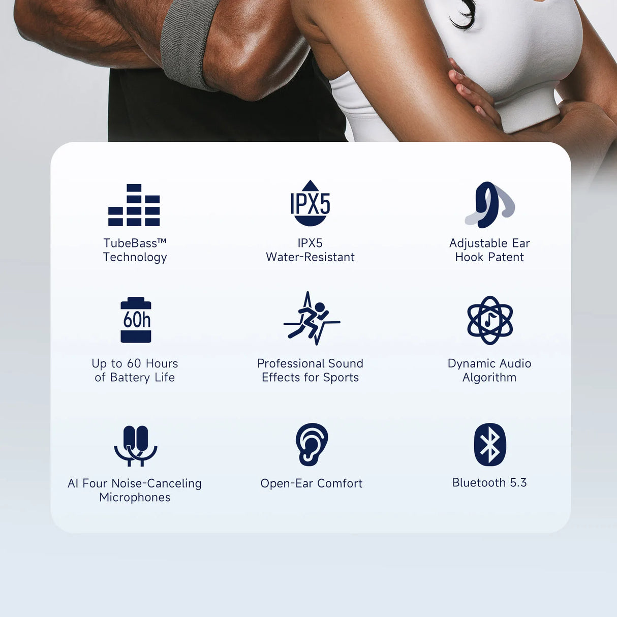 Infographic displaying features of wireless earbuds or headphones.