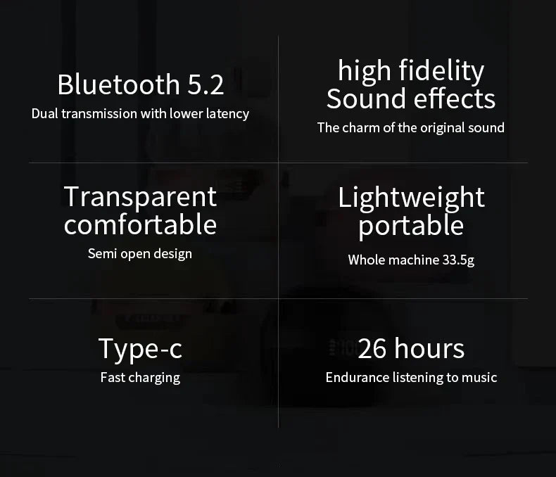 Infographic highlighting features of wireless earbuds or headphones.