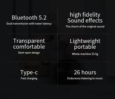 Infographic highlighting features of wireless earbuds or headphones.