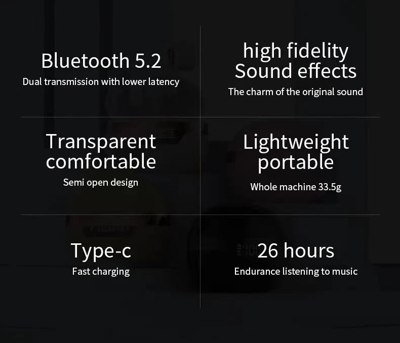 Infographic highlighting features of wireless earbuds or headphones.