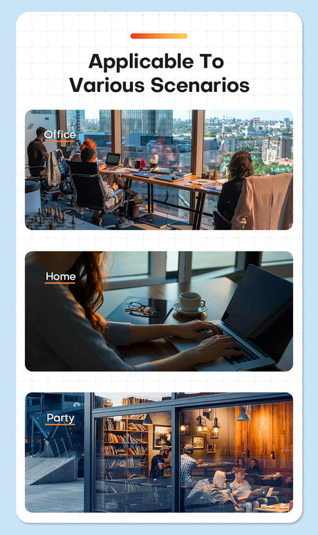 Infographic showing three scenarios where a product or service is applicable: office, home, and party settings.