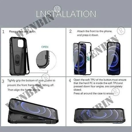 Installation instructions for a smartphone case with four steps illustrated.