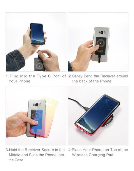 Instructional guide showing steps to attach and use a wireless charging receiver with a smartphone.