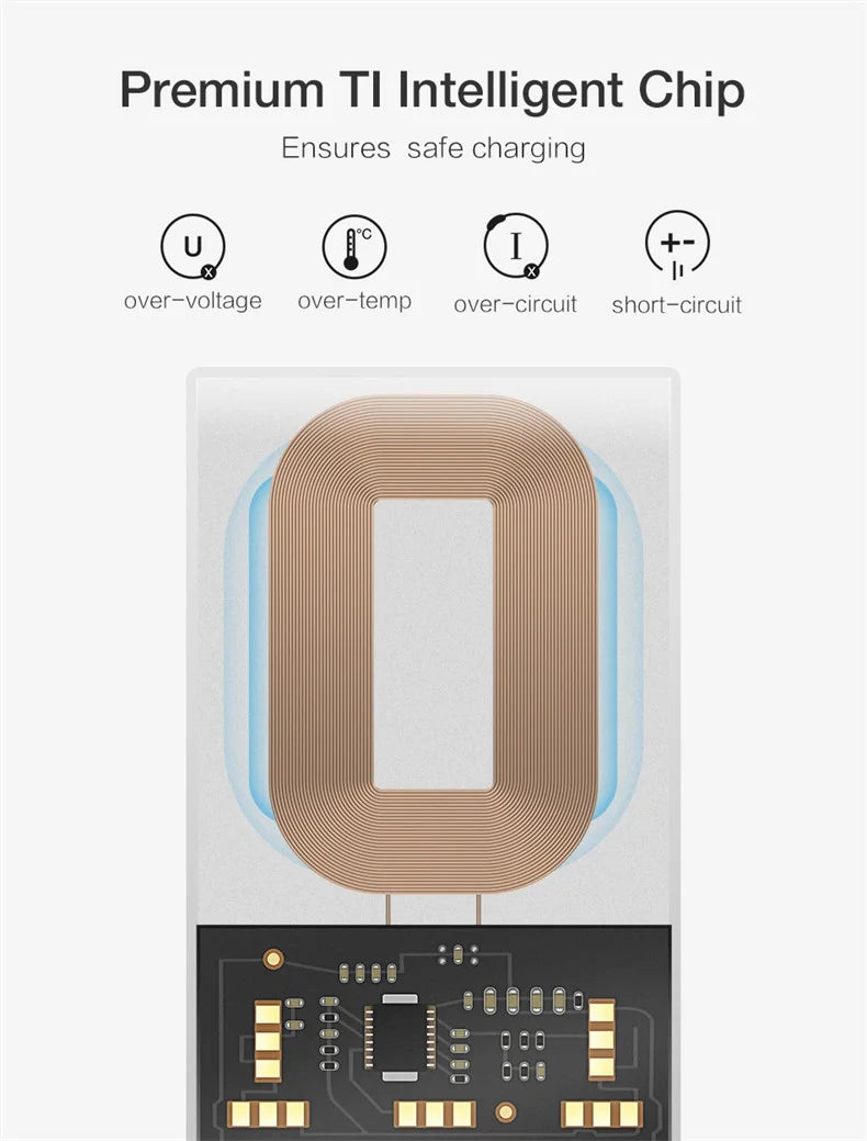 Intelligent chip with a copper coil and electronic components for safe charging.