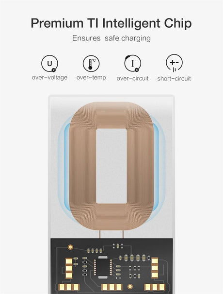 Intelligent chip with a copper coil and electronic components for safe charging.