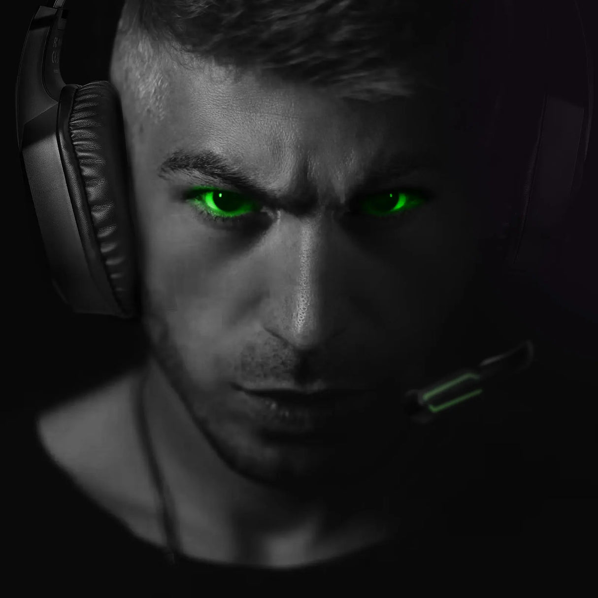 Intense close-up portrait with glowing green eyes and headphones.