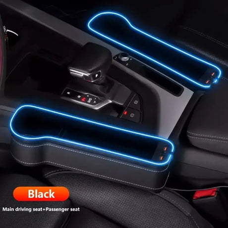the interior of a car with a blue light