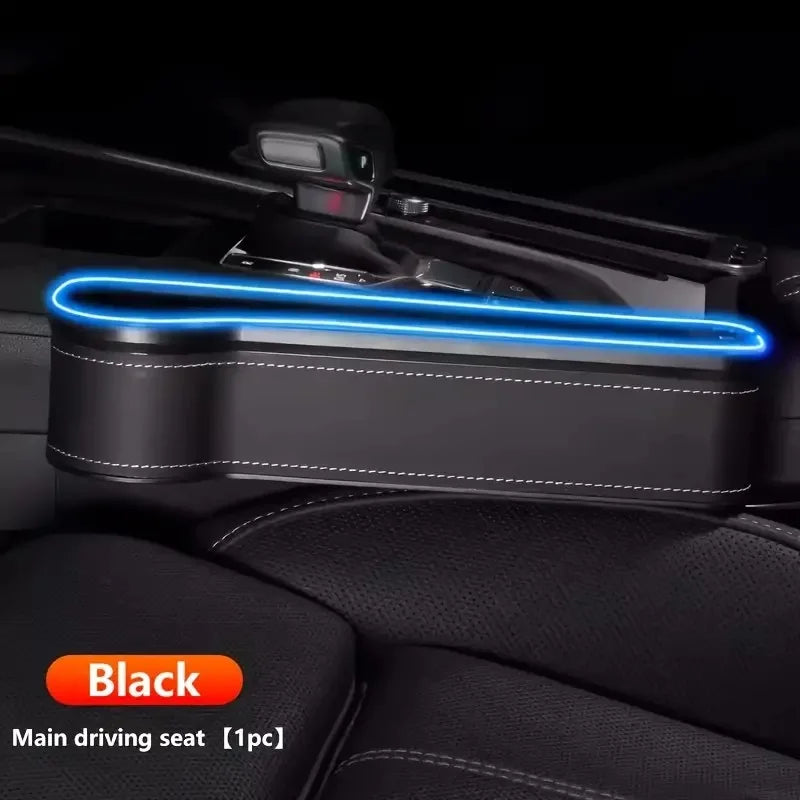 the interior of a car with a blue light on it