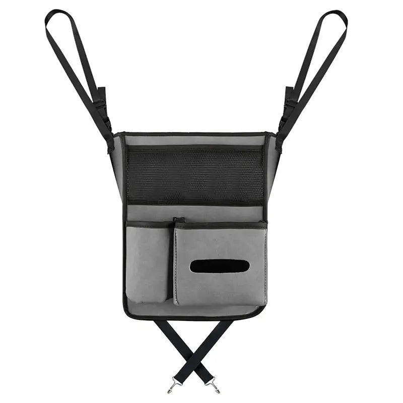 the back of a black and grey fanny bag with a black strap