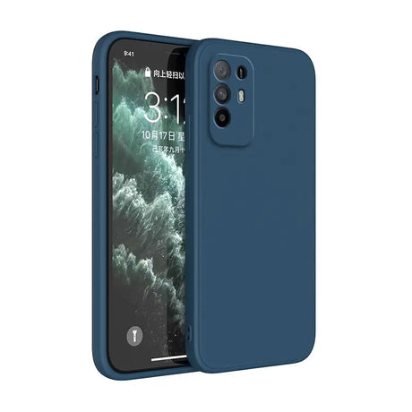 The back of an iphone 11 with a blue case