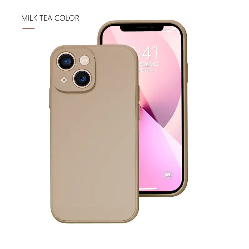 the back of a beige iphone case with a camera lens